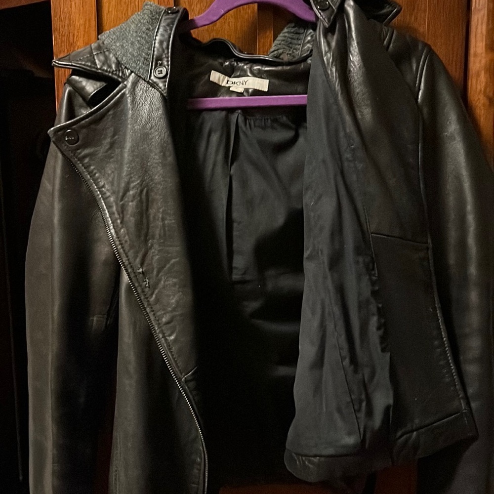 DKNY leather jacket with hood. Size L. Good condition. Open to all offers!!!!